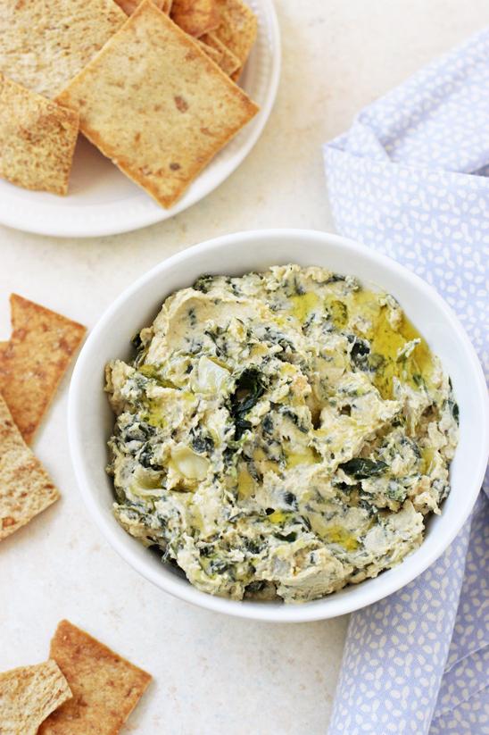  A twist on the classic hummus, this dish is bursting with spinach and artichoke flavors in every bite.