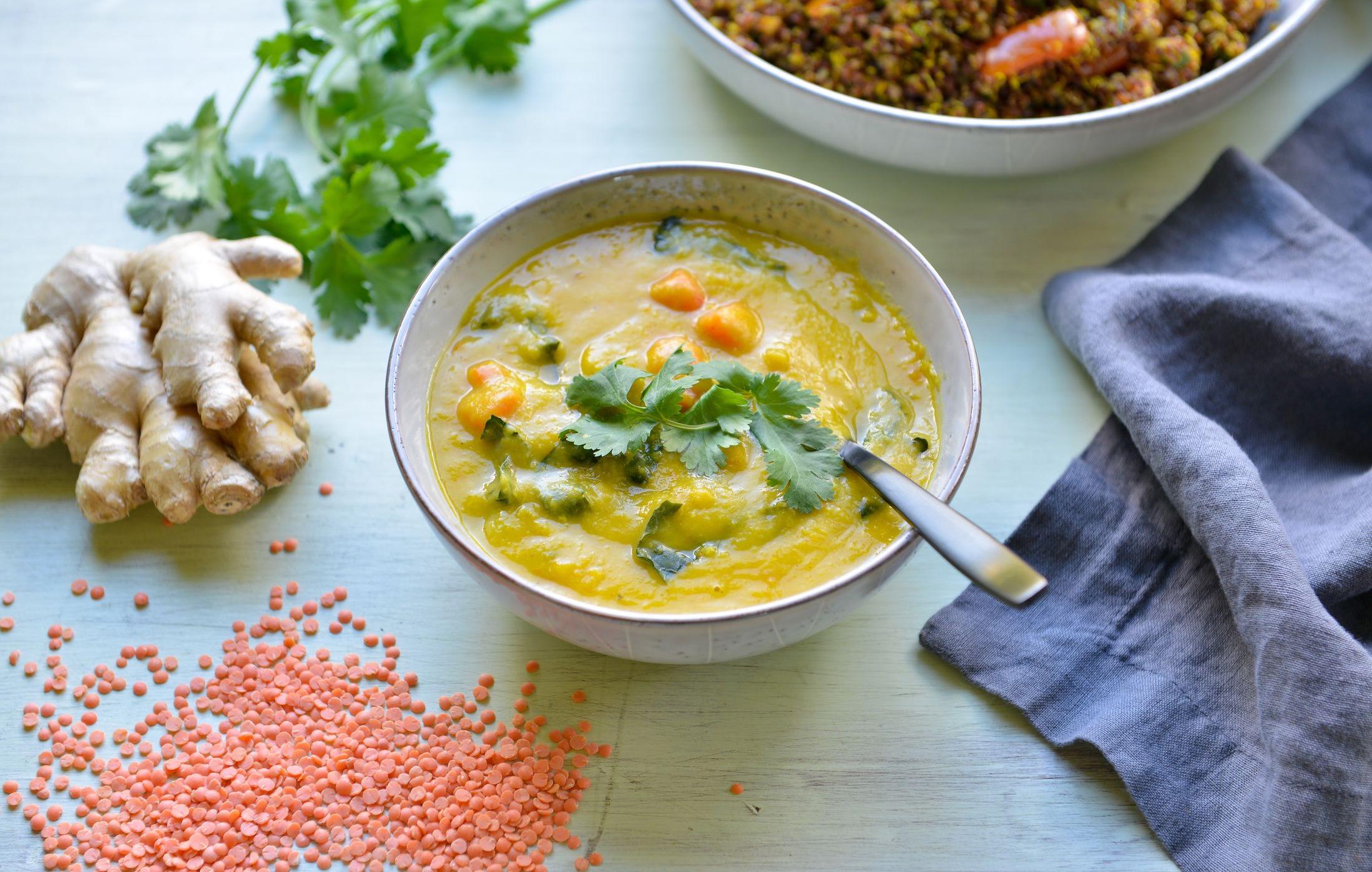  Cozy up with a bowl of lentil soup featuring flavorful red yeast rice