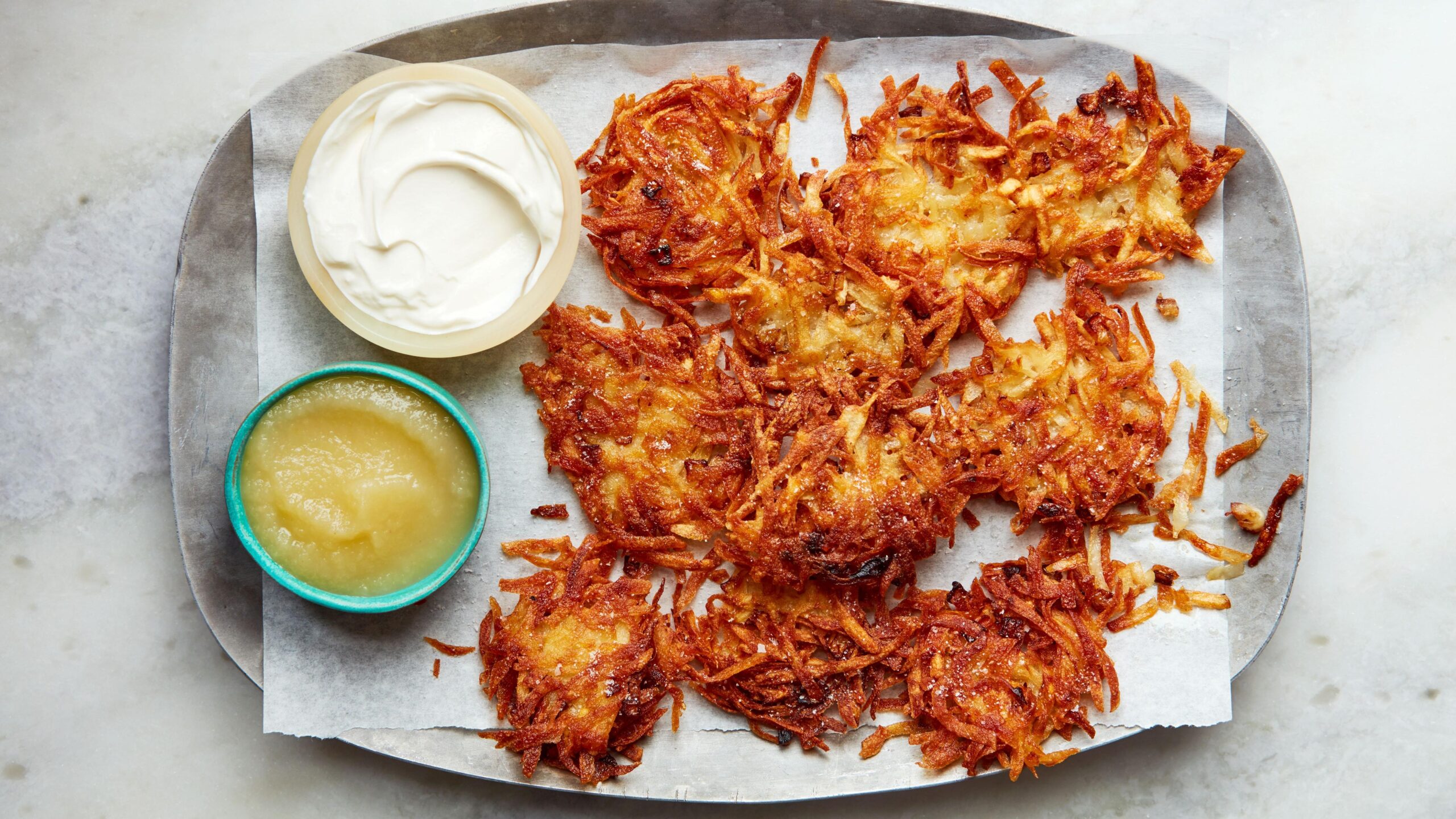  Crispy and golden brown Potato Latkes coming straight out of the pan!