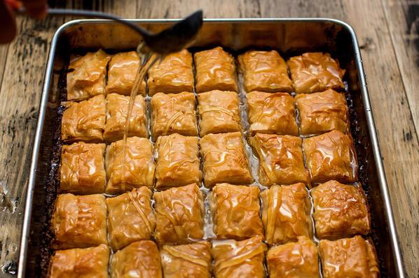  Every square inch of the baklava is generously brushed with a sugar and butter glaze.