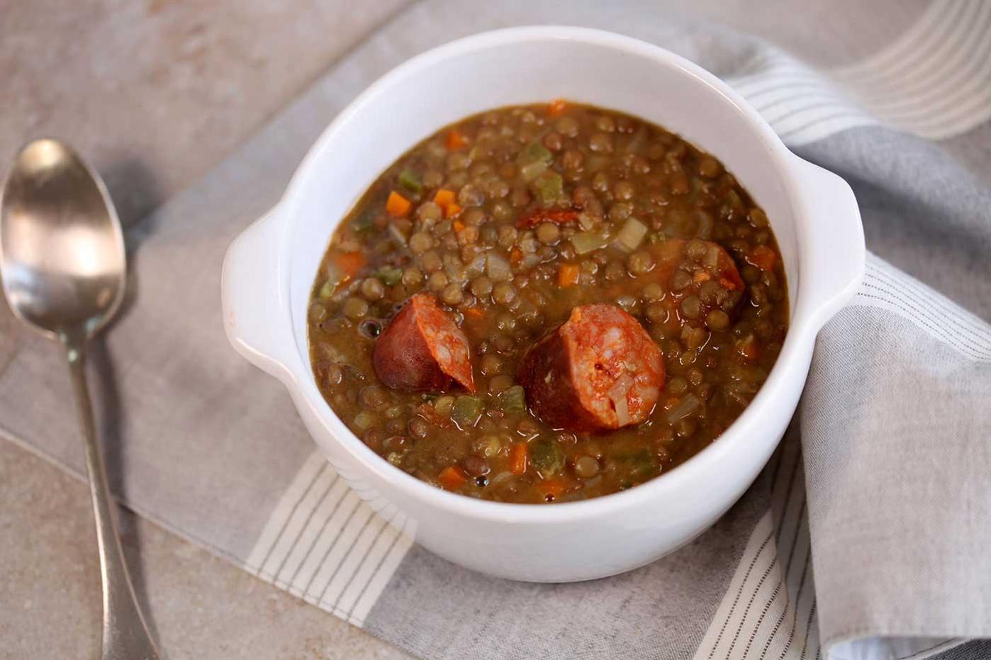  Get ready to dive into this hearty and savory Basque chorizo and lentil soup.