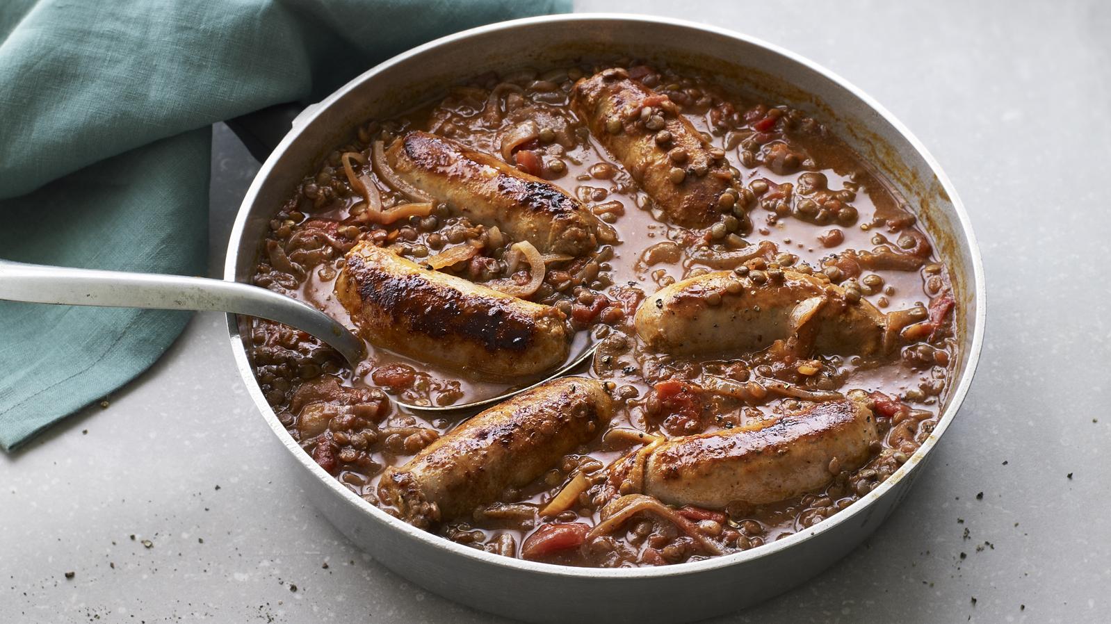  Lentils, carrots, and celery team up with the Lincolnshire sausages to create a satisfying and luxurious stew.