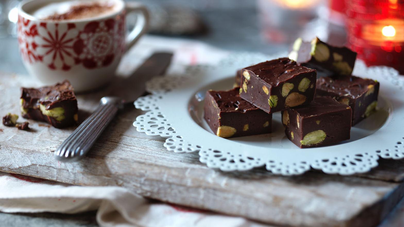  Perfect for gifts or just a sweet treat, this chocolate pistachio fudge is sure to impress.