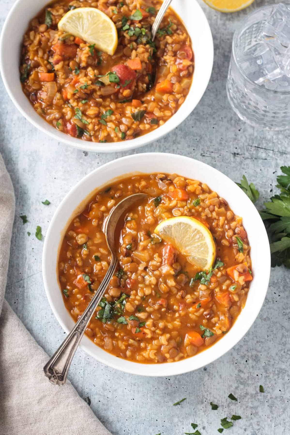  Red yeast rice adds a pop of color and flavor to this classic lentil soup
