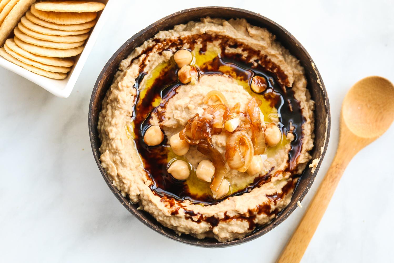  Smokey garlic and caramelised onion blend perfectly in this creamy and savoury hummus