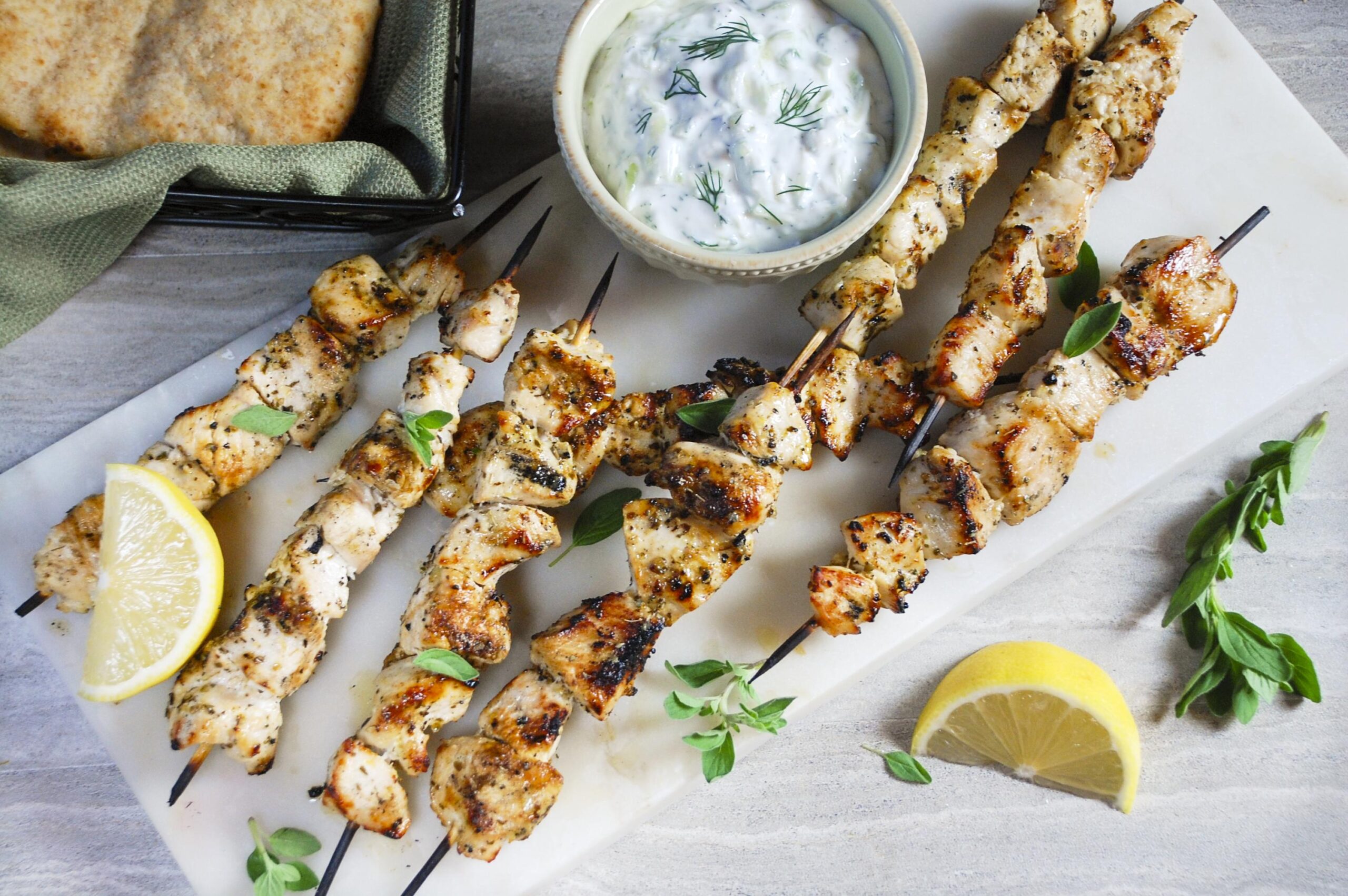 The fresh herbs and garlic-infused marinade make the chicken souvlaki extra flavorful