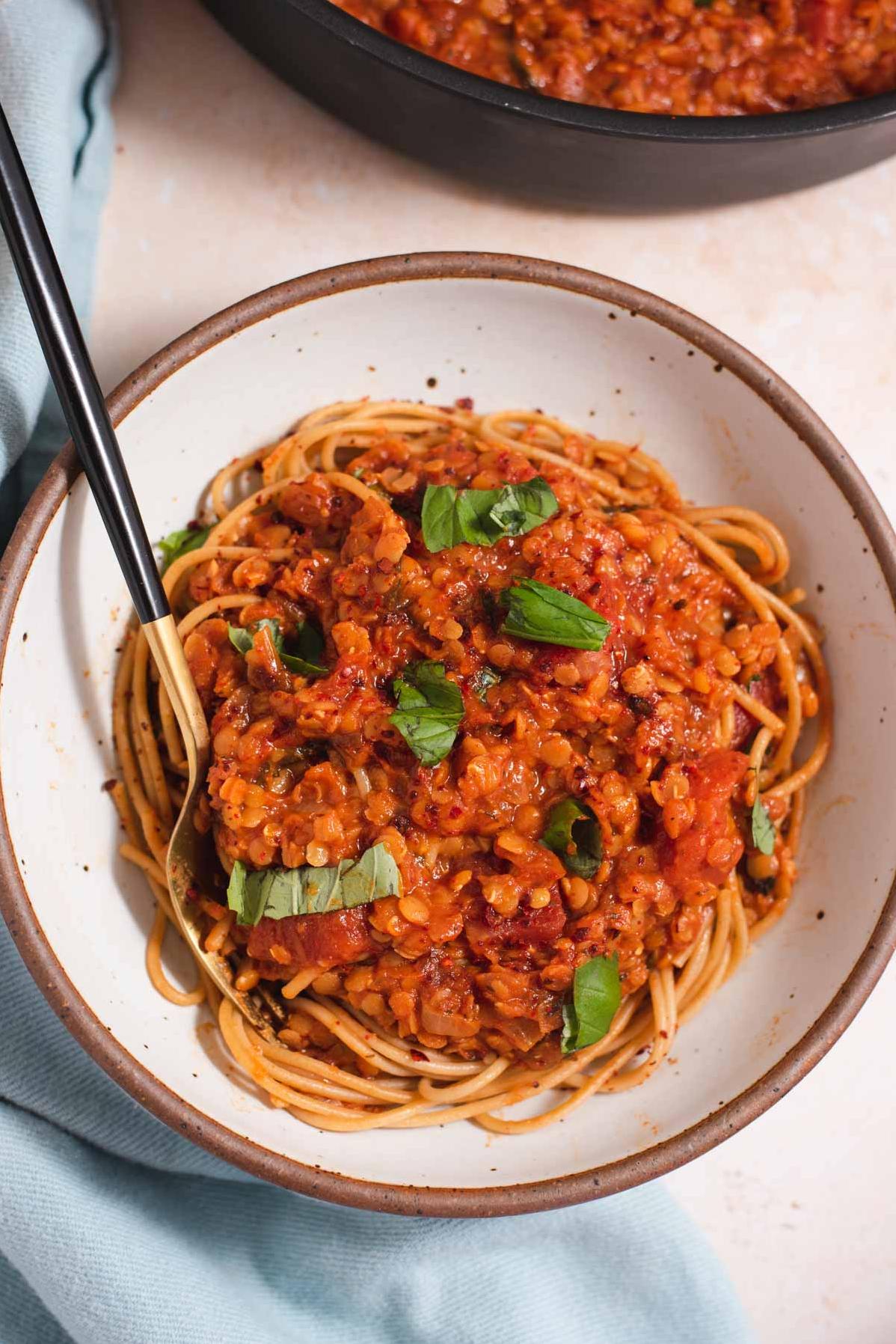  Thick and savory red lentil spaghetti sauce, packed with protein and nutrients.