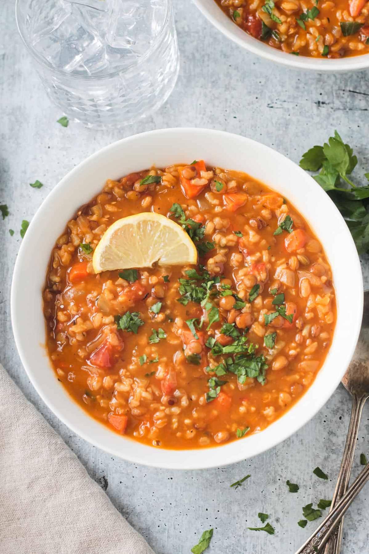  This vegan lentil soup with red yeast rice is filling and satisfying