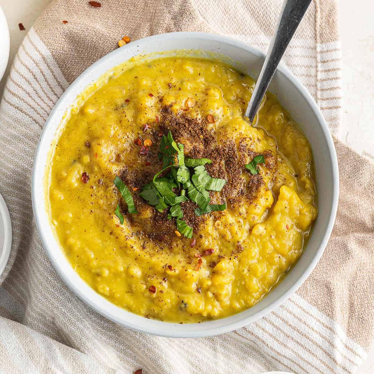  Warm up with a bowl of this hearty yellow lentil soup.