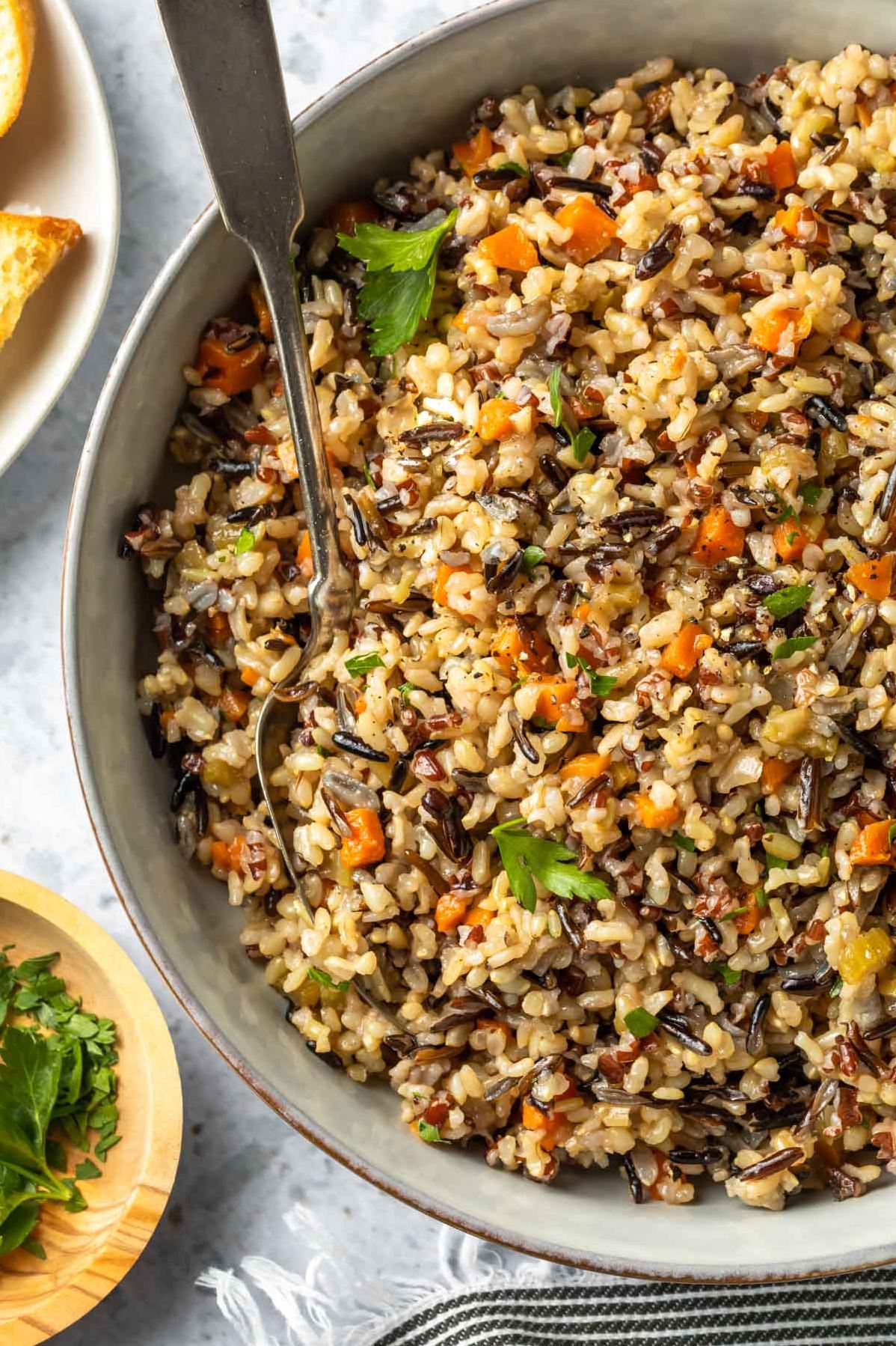  Wild rice adds a nutty flavor and unique texture to the dish.